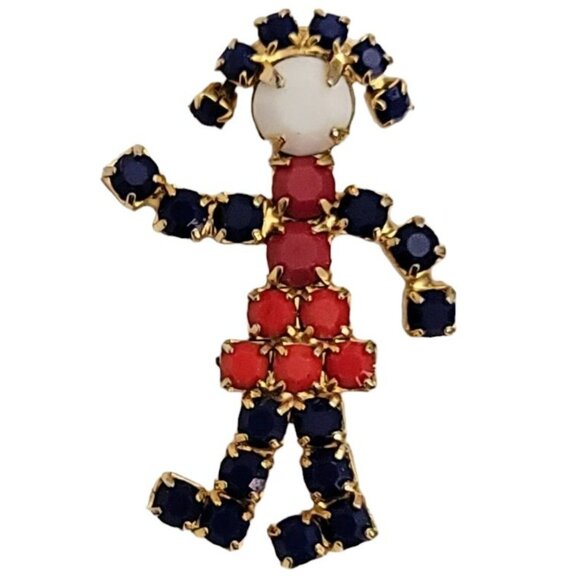 Patriotic Red White Blue Prong Set Rhinestone Girl Pin L36 - Picture 7 of 7